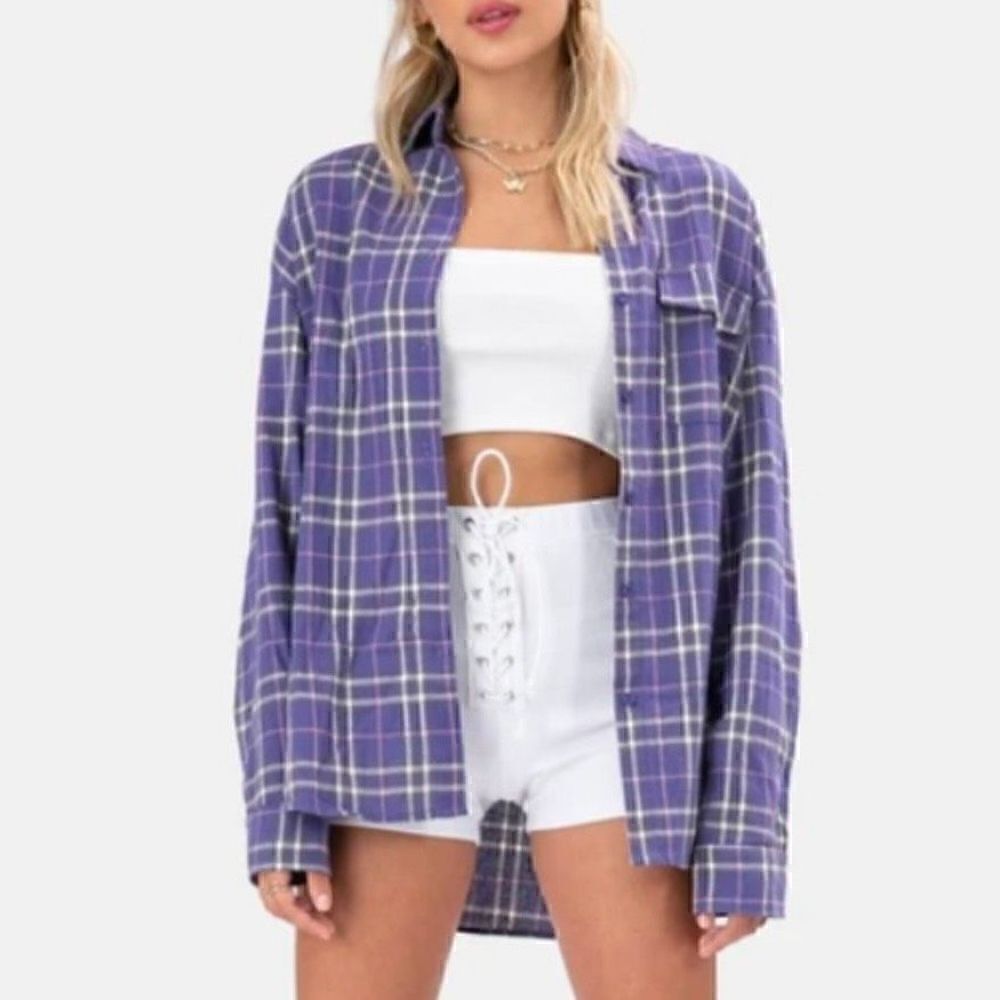 Adika, Button Up Plaid Flannel Top Purple & Multicolor Long Sleeve Women’s Small